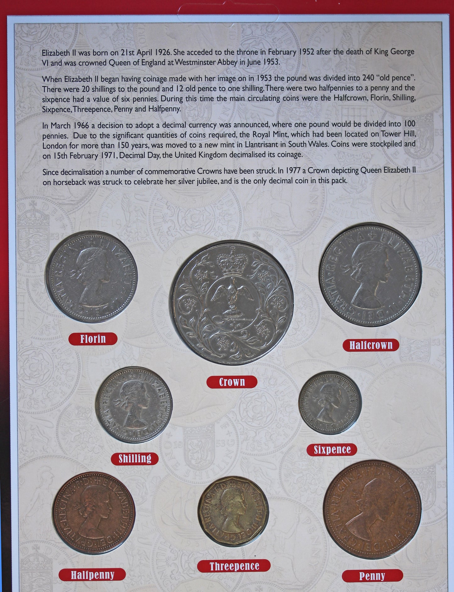 Elizabeth II Coin Collection Pack, Crown, Half Crown, Two Shilling, Shilling, Sixpence, Threepence, penny, Half Penny, 8 coins [E2RCP]