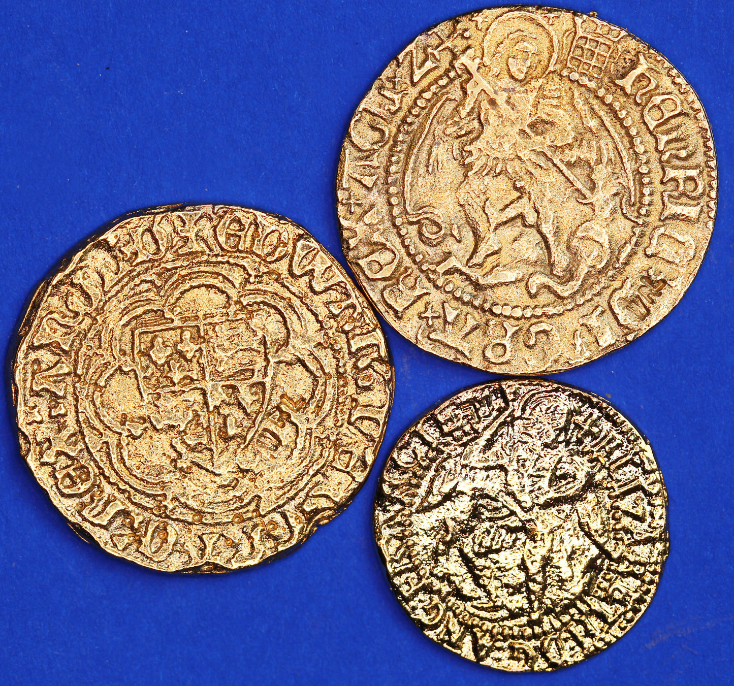 3 REPRODUCTION Gold Medieval & Tudor coins - Edward III quarter noble, Henry VIII half angel, Elizabeth I quarter angel [3GOLD]