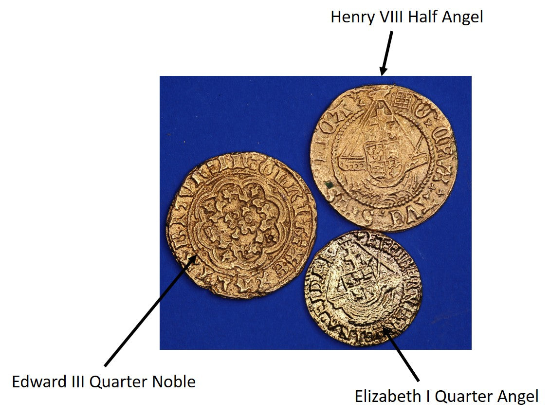 3 REPRODUCTION Gold Medieval & Tudor coins - Edward III quarter noble, Henry VIII half angel, Elizabeth I quarter angel [3GOLD]