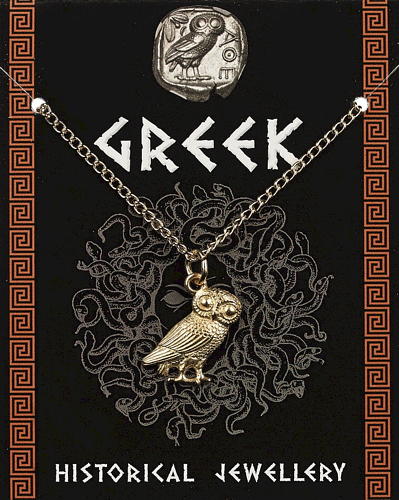 Greek Owl (17mm) Pendant - Gold Plated - with information card [GOPG]