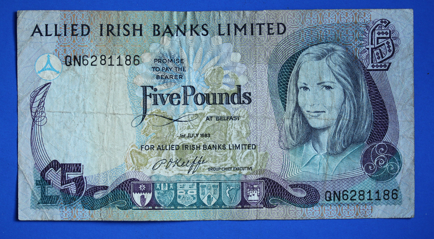 1983 Northern Ireland £5 Five Pound Banknote - Allied Irish Banks, O'Keiffe Prefix "QN" [10/23 28117]