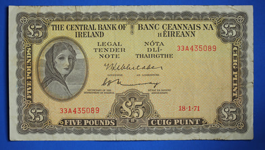 1971 Central Bank of Ireland, Five Pound, Five Punt Irish EIRE Lady Lavery banknote [R09/24 28391]