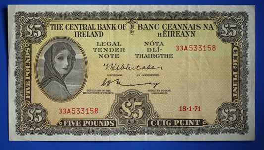 1971 Central Bank of Ireland, Five Pound, Five Punt Irish EIRE Lady Lavery banknote [R09/24 28394]