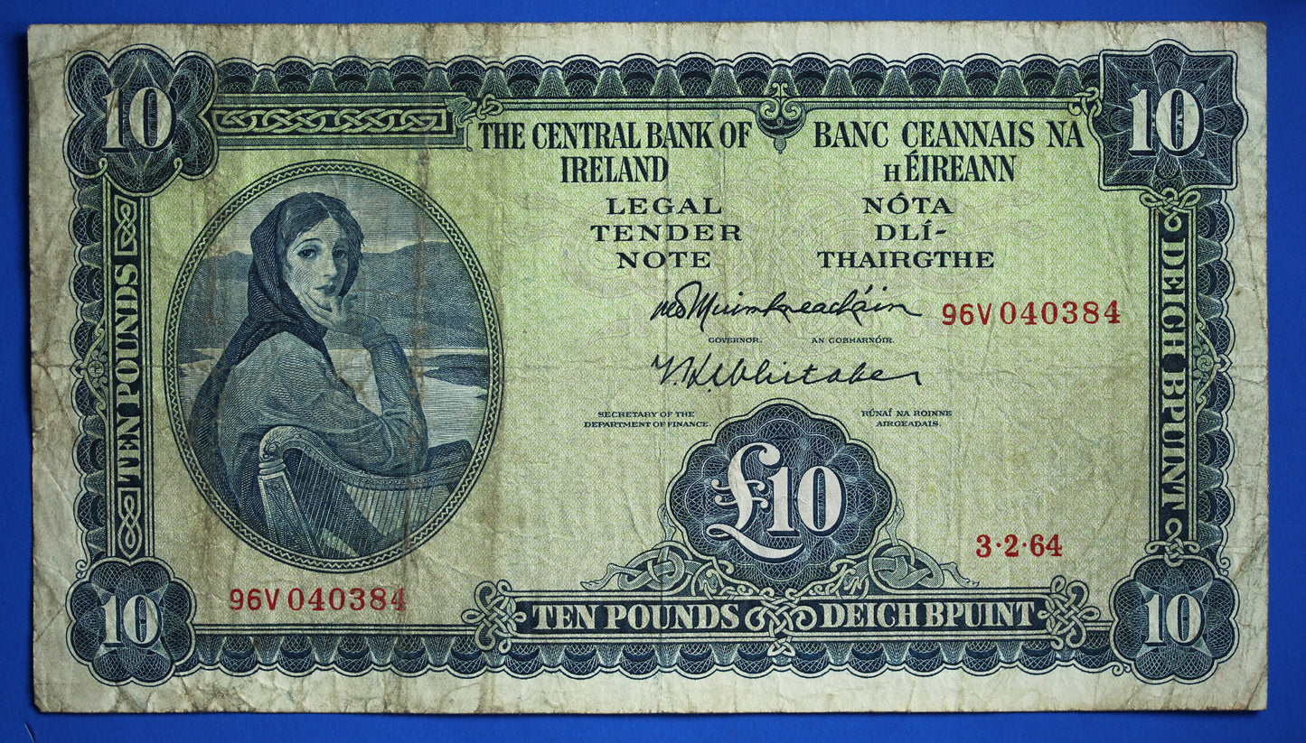 1964 Central Bank of Ireland, Ten Pound, Ten Punt, £10 Irish EIRE Lady Lavery banknote [10/23 28418]