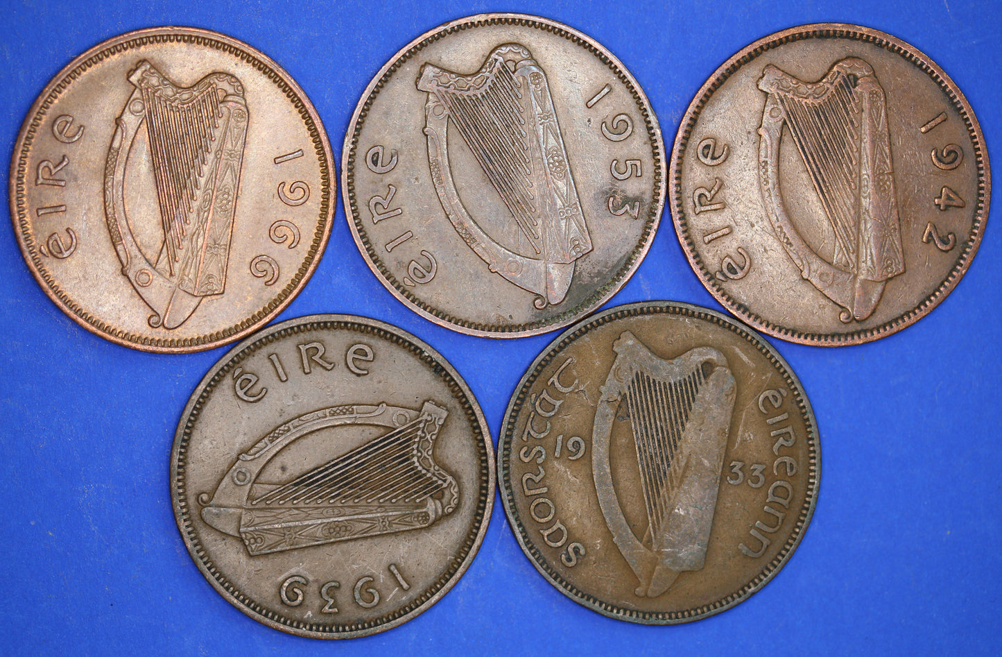 GENUINE Collection 5 Irish Half Penny Pennies 1/2d EIRE Ireland coins, different dates, Sow & Piglets [01/24 29312]