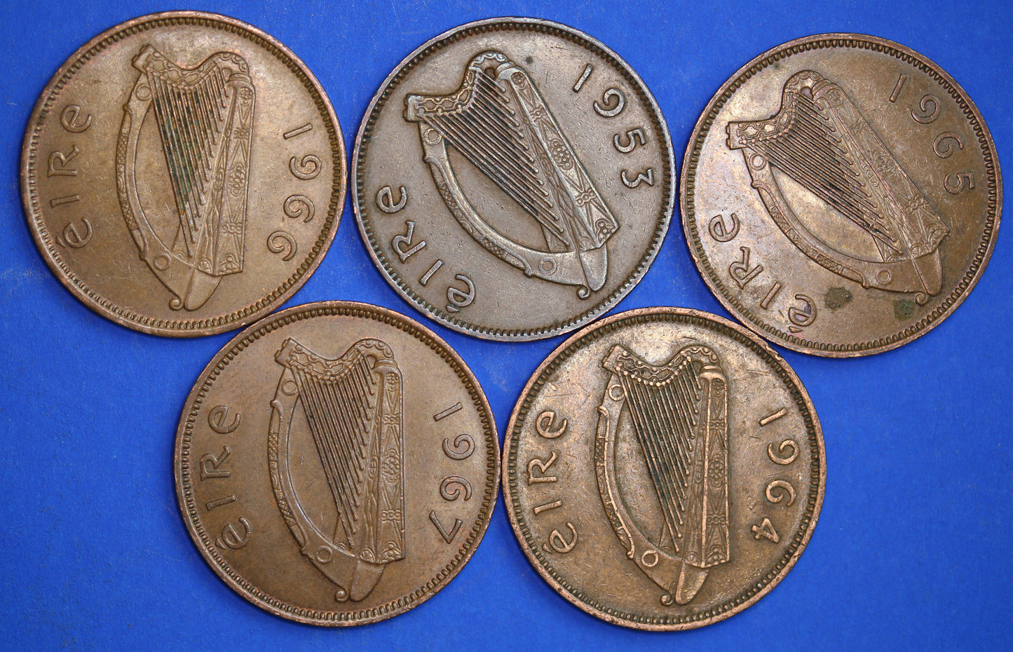 GENUINE Collection 5 Irish Half Penny Pennies 1/2d EIRE Ireland coins, different dates, Sow & Piglets [01/24 29317]