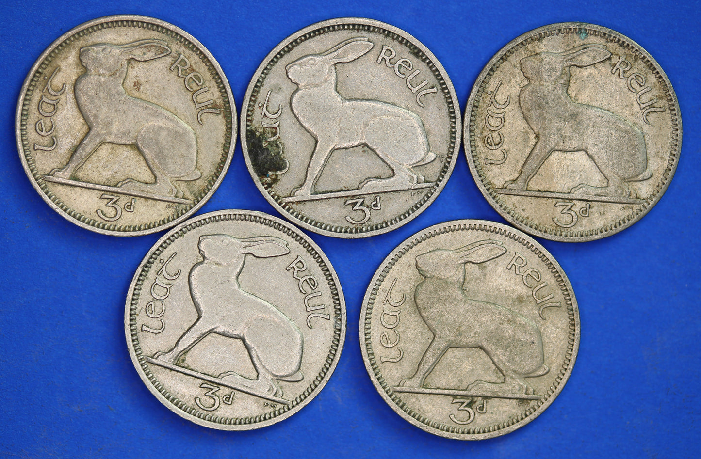 GENUINE 5 Irish Threepences 3d Ireland EIRE, Irish Hare coins, various dates [08/24 30768]