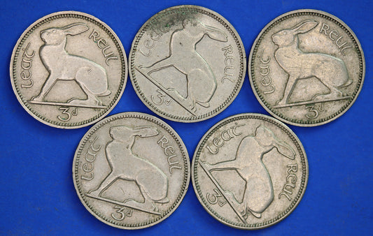 GENUINE 5 Irish Threepences 3d Ireland EIRE, Irish Hare coins, various dates [08/24 30769]