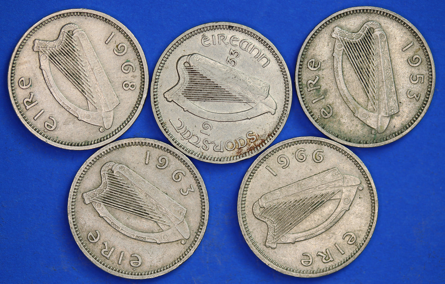 GENUINE 5 Irish Threepences 3d Ireland EIRE, Irish Hare coins, various dates [08/24 30769]