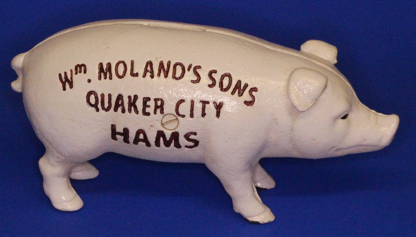 Vintage Style Cast Iron piggy bank Moland's Hams, 18cm long, moneybox [XBPIS]