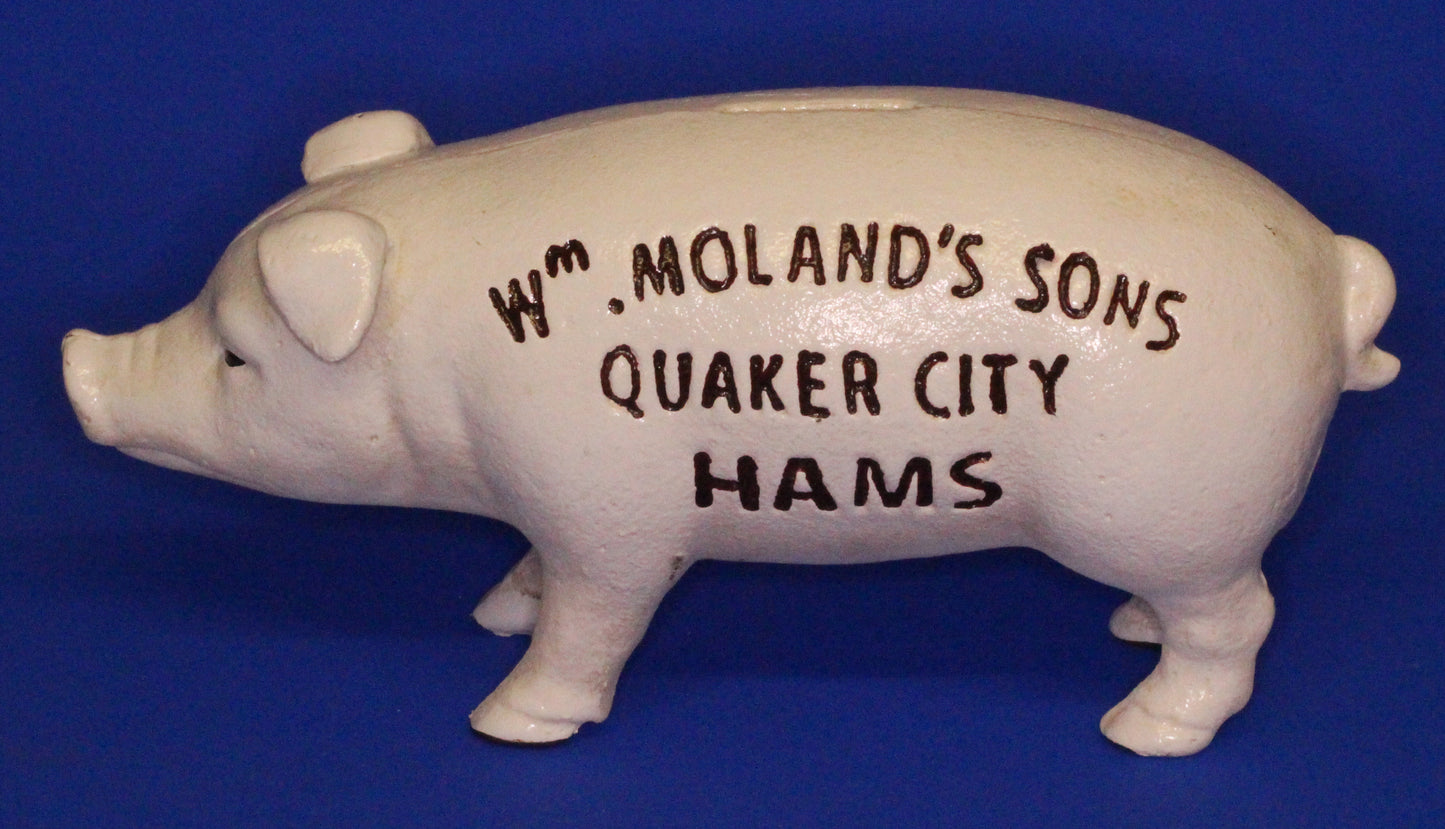 Vintage Style Cast Iron piggy bank Moland's Hams, 18cm long, moneybox [XBPIS]