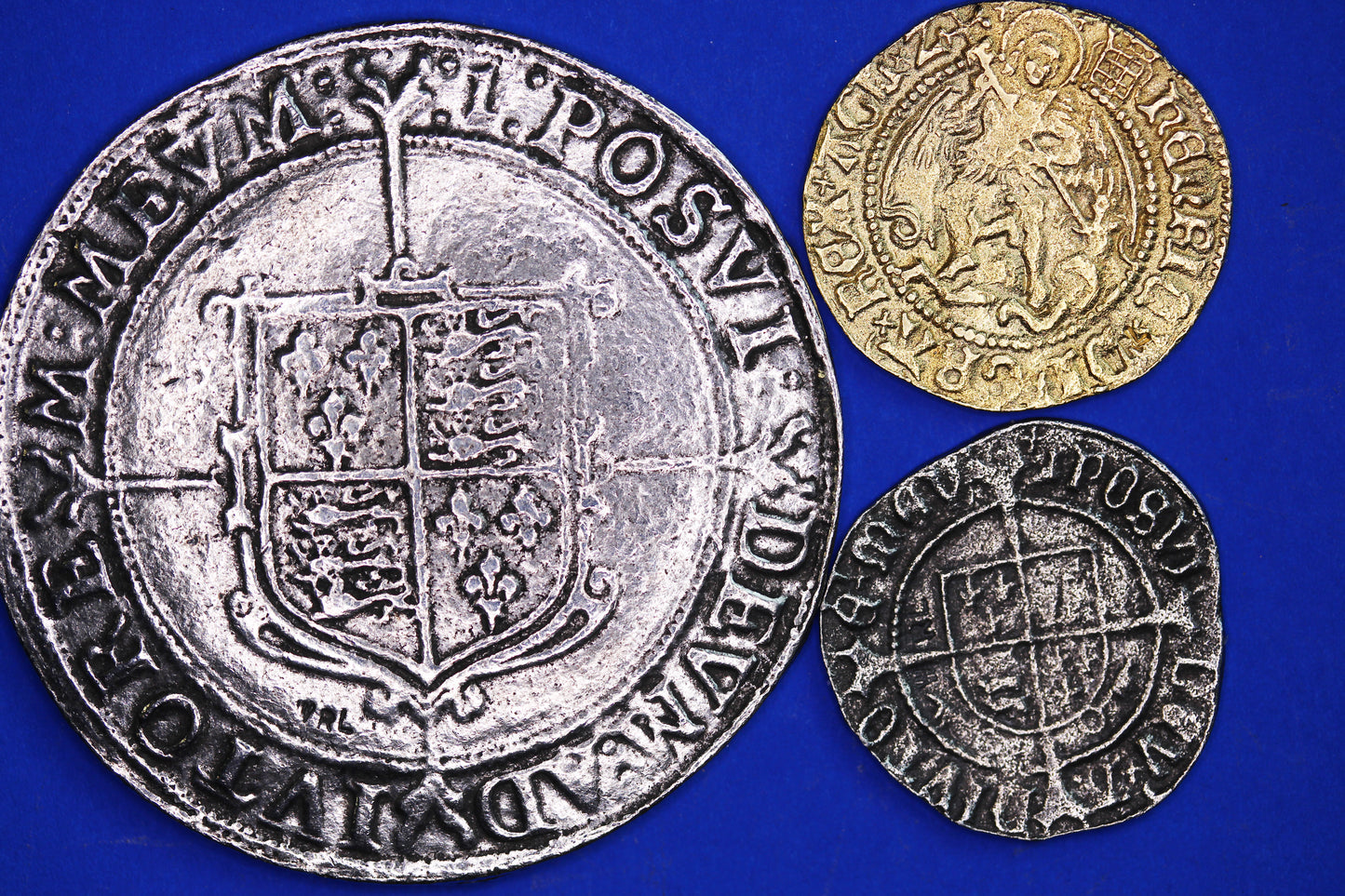 REPRODUCTION British Tudor coins - Henry VII Half Groat, Henry VIII gold plated Half-Angel, Elizabeth I Crown  [3TUD]