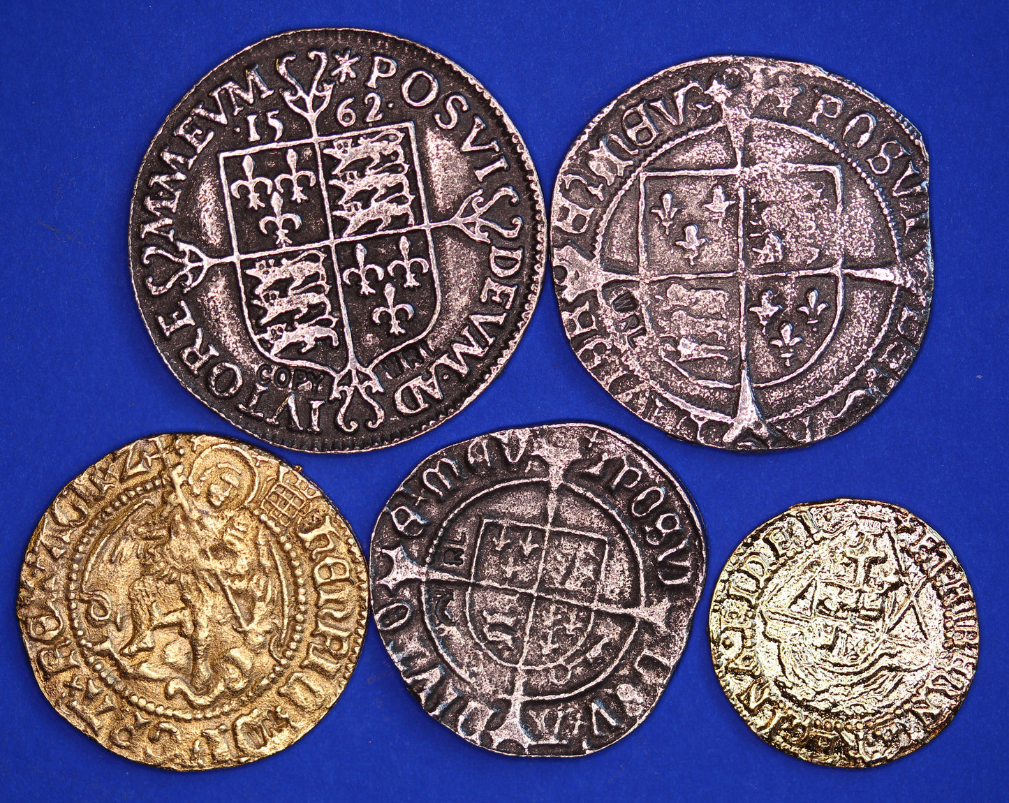 5 REPRODUCTION British Tudor coins - Henry VII Half Groat, Henry VIII Half-Angel + Groat, Elizabeth I Sixpence & Quarter Angel  [5TUD]