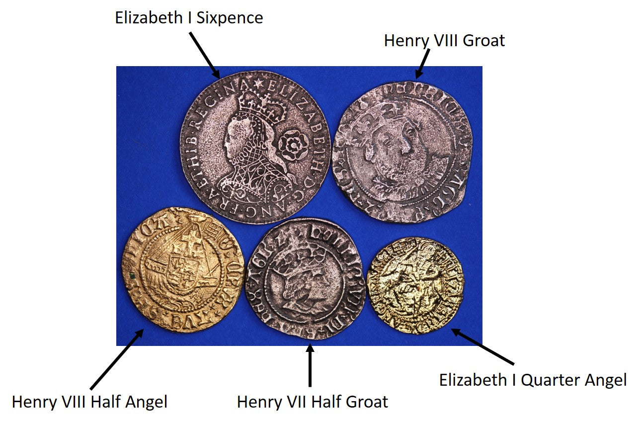 5 REPRODUCTION British Tudor coins - Henry VII Half Groat, Henry VIII Half-Angel + Groat, Elizabeth I Sixpence & Quarter Angel  [5TUD]