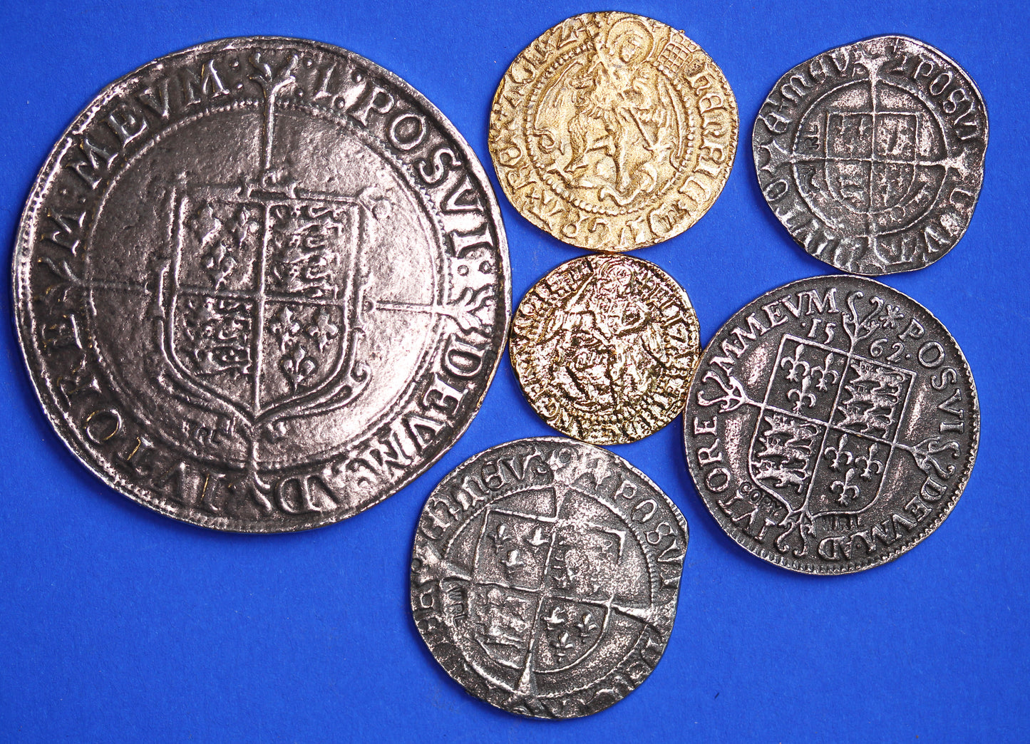 6 REPRODUCTION British Tudor coins - Henry VII Half Groat, Henry VIII Half-Angel + Groat, Elizabeth I Sixpence, Quarter Angel, Crown  [6TUD]