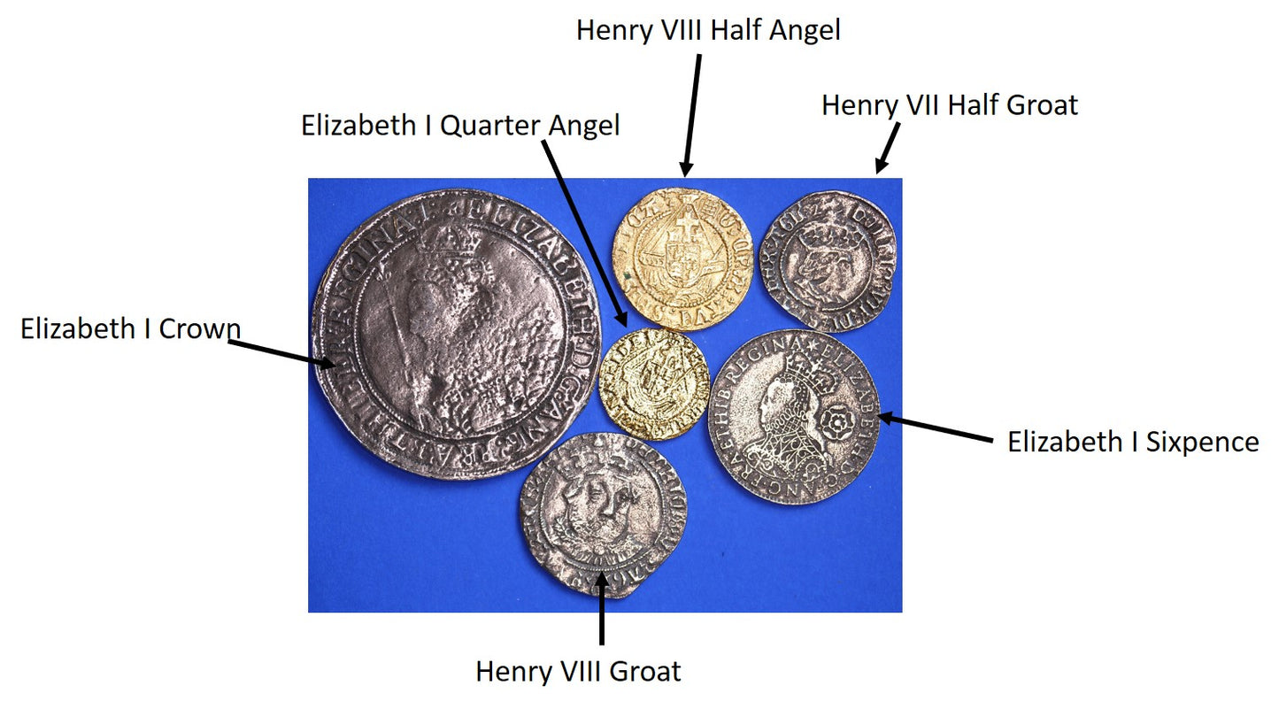 6 REPRODUCTION British Tudor coins - Henry VII Half Groat, Henry VIII Half-Angel + Groat, Elizabeth I Sixpence, Quarter Angel, Crown  [6TUD]