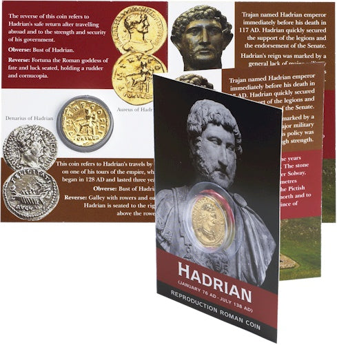 REPRODUCTION Roman coin, Hadrian Aureus (19mm) in information pack [HACP]