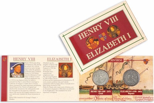 REPRODUCTION Tudor Coins Henry VIII (24mm) & Elizabeth I (24mm) in information folder [HECPS]