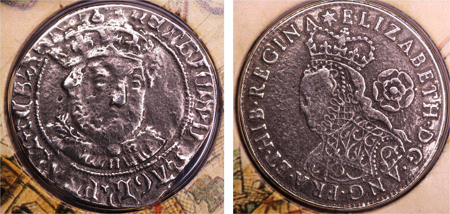 REPRODUCTION Tudor Coins Henry VIII (24mm) & Elizabeth I (24mm) in information folder [HECPS]