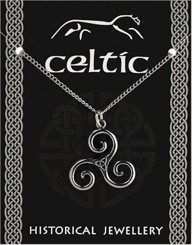 Celtic Triskele Pendant, lead-free pewter on silver chain with folder, diameter 21mm [CTSPP]