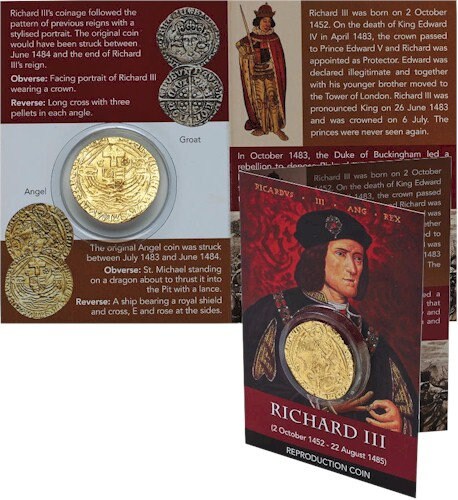 REPRODUCTION Medieval Coin Richard III gold plated ANGEL in information card [R3ACP]