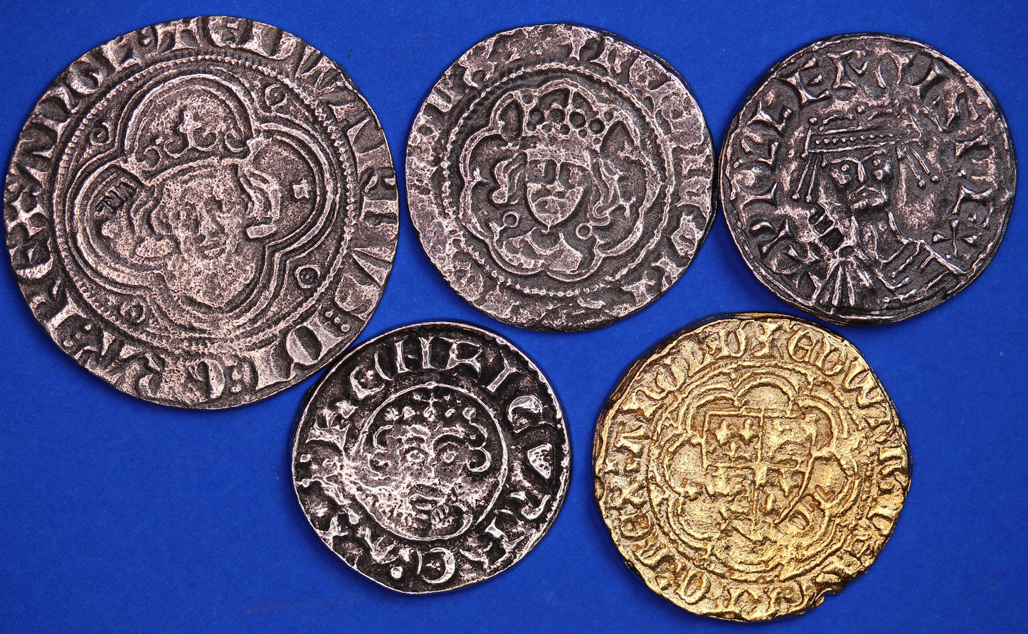 REPRODUCTION Medieval coins, 5 Medieval coins, William 1, Edward 1 and 111, Henry II and VI, 18-25mm [5MED]