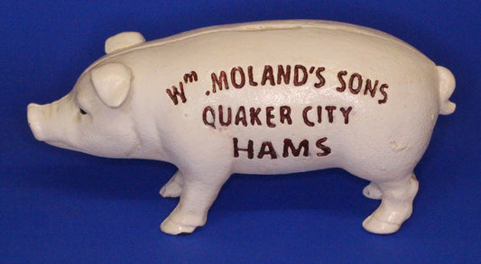 Vintage Style Cast Iron piggy bank Moland's Hams, 18cm long, moneybox [XBPIS]