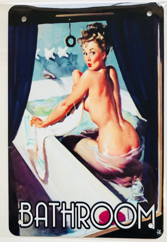 Metal Vintage Style Wall Sign - Bathroom, Pin up Girl 6x4 inch [BATH1]