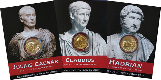 REPRODUCTION Roman coins, Caesar Claudius Hadrian gold Aureus with information packs [CaClHa G]