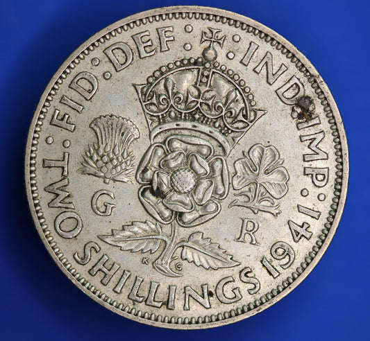 GENUINE British Coin -  1941 George VI Two Shillings, 50% silver coin  [R09/24 28204]