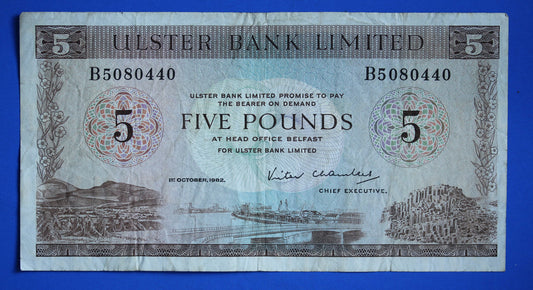1982 Ulster Bank, Northern Ireland, Five pound, 5 pound, Chambers Prefix "B" banknote   [R10/24 28119]