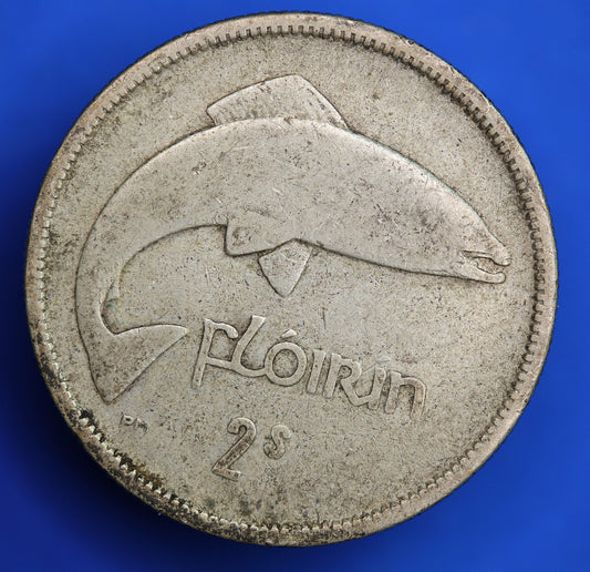 GENUINE 1928 Irish florin two shilling Ireland EIRE coin, 75% silver, Irish Salmon [R10/24 28520] SHOP