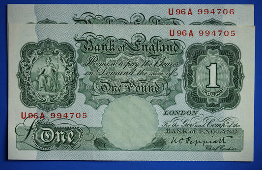 2x 1948 Bank of England One pound 1 pound, Peppiatt "U96B" banknote Consecutive  [R10/24 28090]