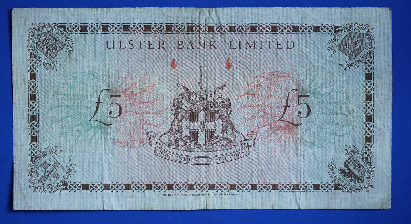 1982 Ulster Bank, Northern Ireland, Five pound, 5 pound, Chambers Prefix "B" banknote   [R10/24 28119]