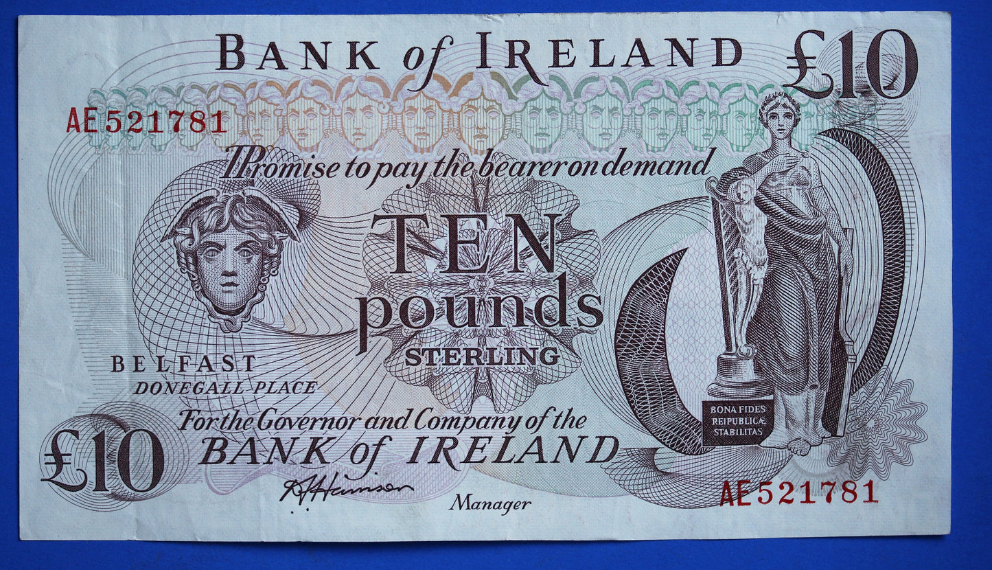 1984 Bank of Ireland, Northern Ireland, Ten pound, 10 pound, Harrison Prefix "AE" banknote   [R11/24 28911]