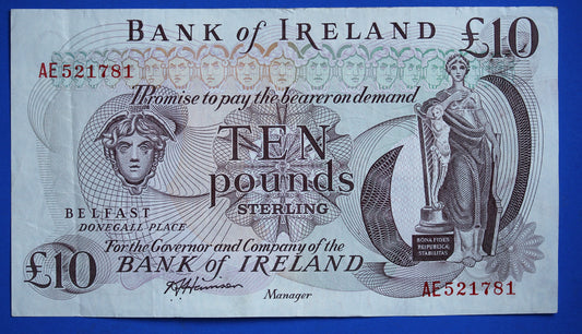 1984 Bank of Ireland, Northern Ireland, Ten pound, 10 pound, Harrison Prefix "AE" banknote   [R11/24 28911]