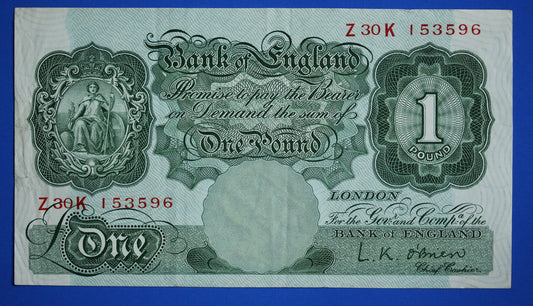 1955 Bank of England One pound 1 pound, O'Brien "Z30K" banknote   [R02/25 29367]