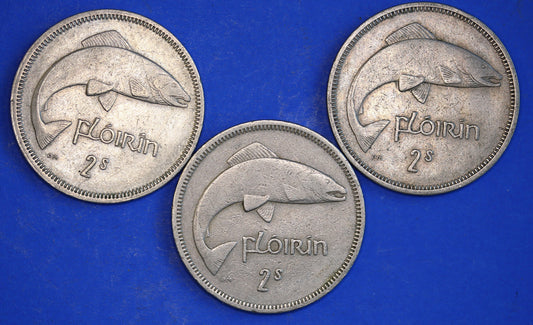 GENUINE 3 Irish florins /two shillings Ireland EIRE coins, Salmon, various dates [R03/25 29775]