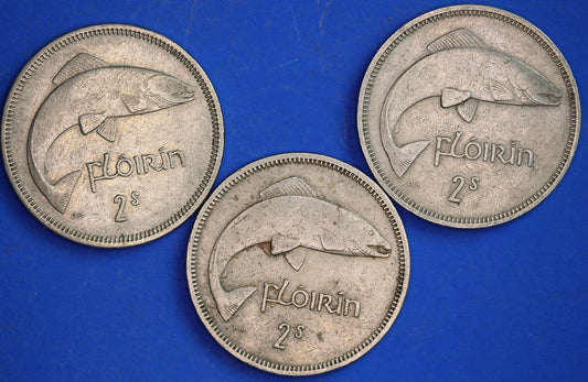 GENUINE 3 Irish florins /two shillings Ireland EIRE coins, Salmon, various dates [R04/25 29906]