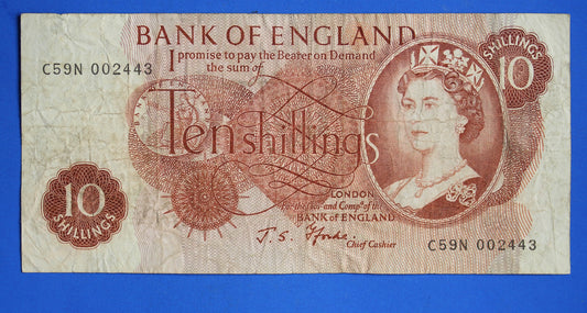 1967 Bank of England  10 shillings Fforde Prefix "C59N" banknote, Elizabeth II            [R04/25 29992]