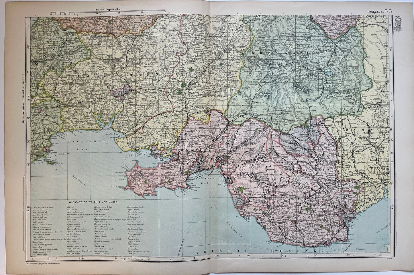 Unframed map Original 1891 Map South Wales, Place names 21x13 inch Posted in Tube        [R06/25 30196]