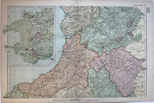 Unframed map Original 1891 Map Central Wales, 21x13 inch Posted in Tube      [R06/25 30197]