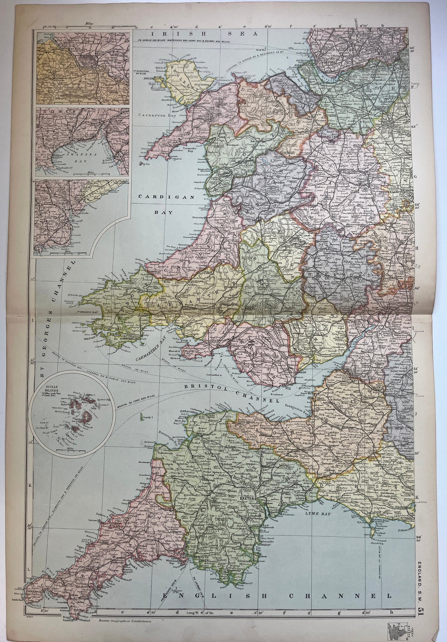 Unframed map Original 1891 Map SW England & Wales, 21x13 inch Posted in Tube      [R06/25 30206]