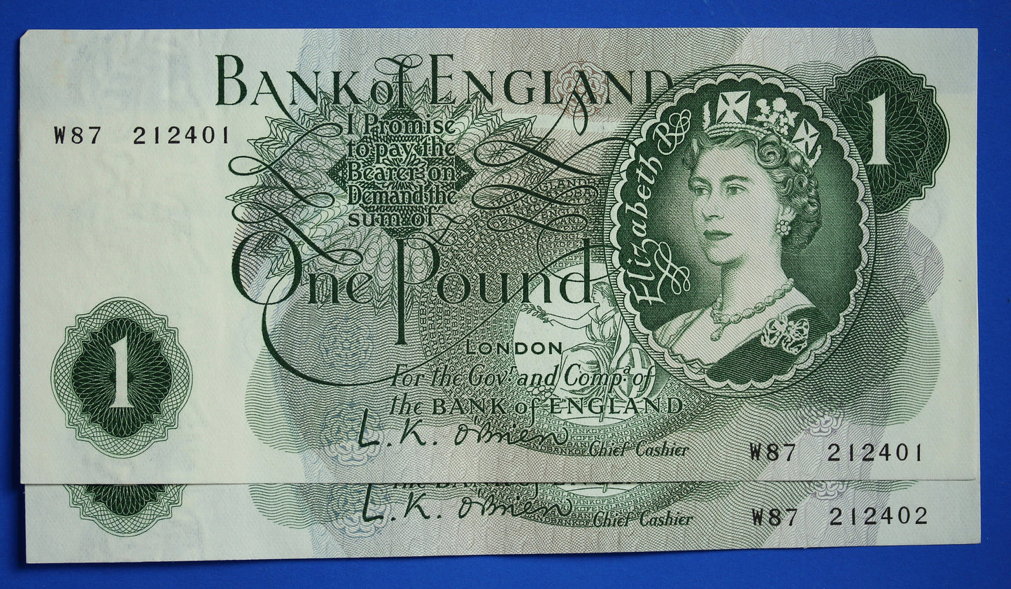 3x 1960 Bank of England One pound 1 pound, O'Brien "W87" Elizabeth II banknotes CONSECUTIVE   [06/24 30228]