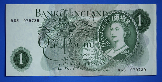 1960 Bank of England One pound 1 pound, O'Brien "W65" Elizabeth II banknote   [06/24 30234]