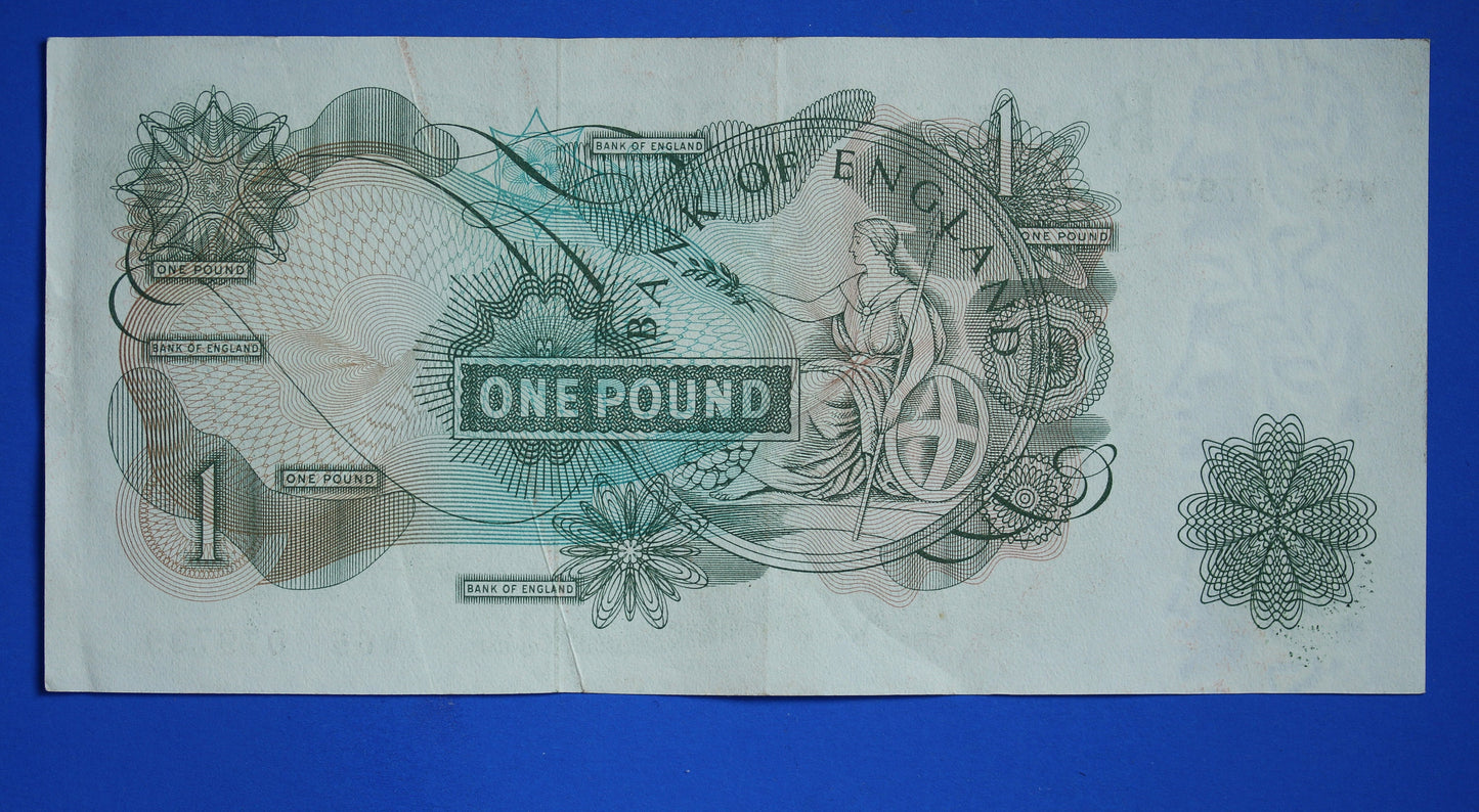 1960 Bank of England One pound 1 pound, O'Brien "W65" Elizabeth II banknote   [06/24 30234]