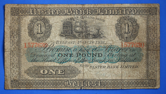 1936 Ulster Bank, Northern Ireland, One pound, 1 pound, Hand Signed banknote [R05/25 30102]