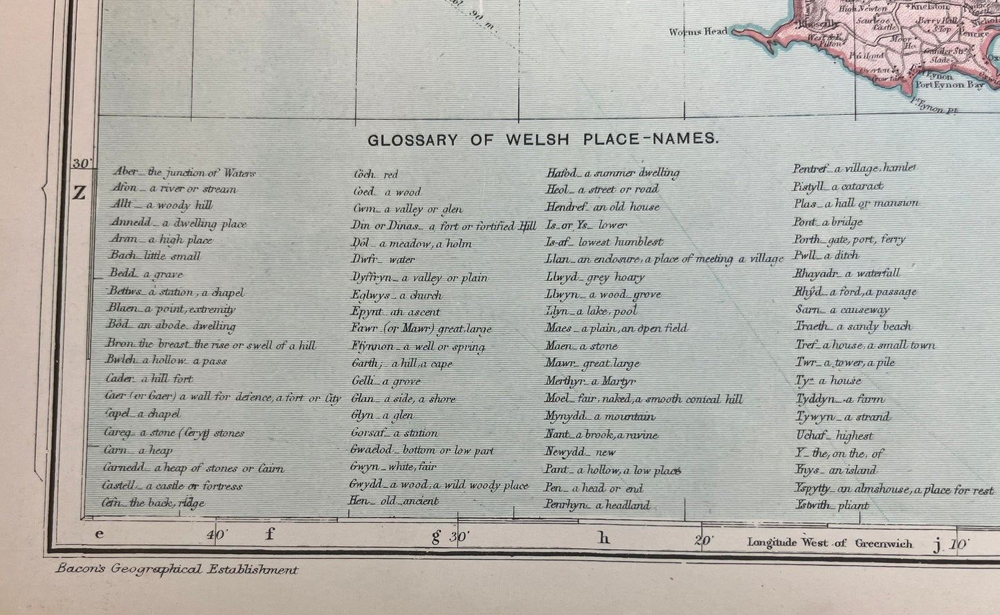 Unframed map Original 1891 Map South Wales, Place names 21x13 inch Posted in Tube        [R06/25 30196]