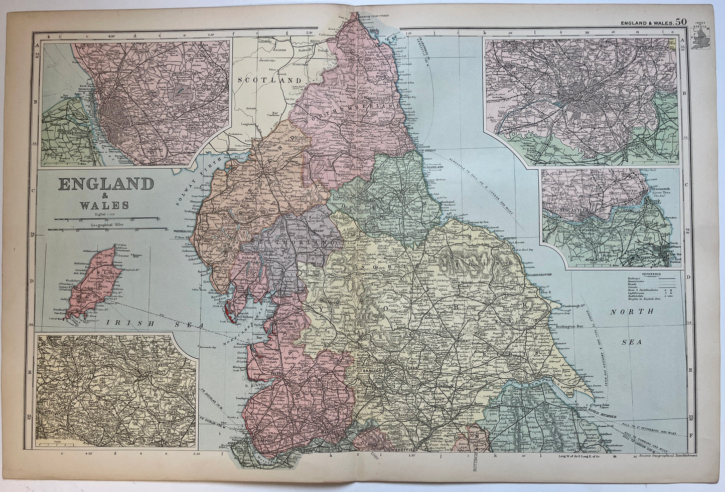 Unframed map Original 1891 Map North of England, 21x13 inch Posted in Tube      [R06/25 30198]