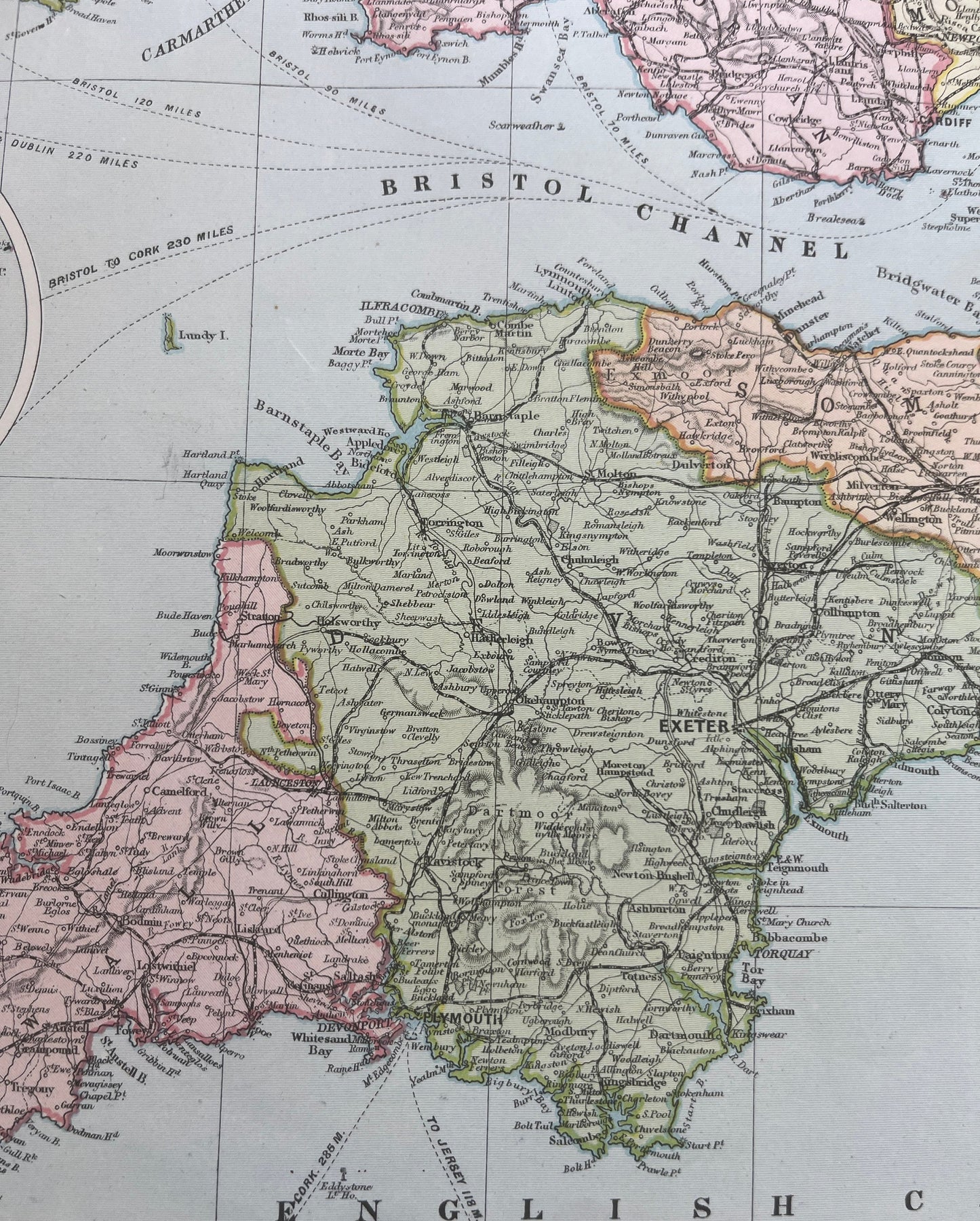 Unframed map Original 1891 Map SW England & Wales, 21x13 inch Posted in Tube      [R06/25 30206]